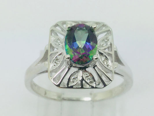 10k White Gold Oval Cut 0.75ct Rainbow Topaz & Diamond Accent Ring