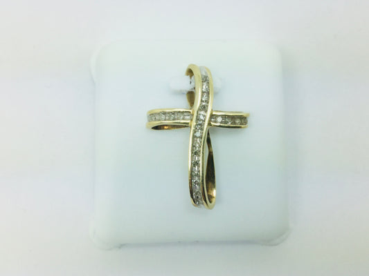 10k Yellow Gold Round Cut 11pt Diamond Cross Pendent