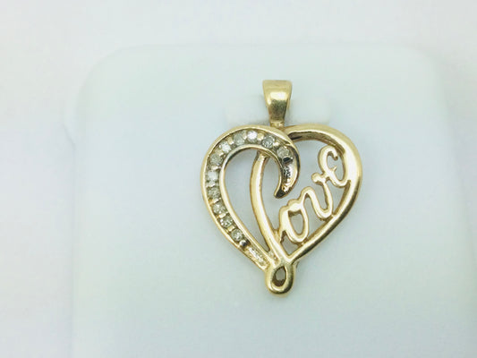 10k Yellow Gold Round Cut 6pt Diamond Heart 'Love' Pendent