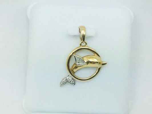 10k Yellow Gold Round Cut 2pt Diamond Dolphin Pendent