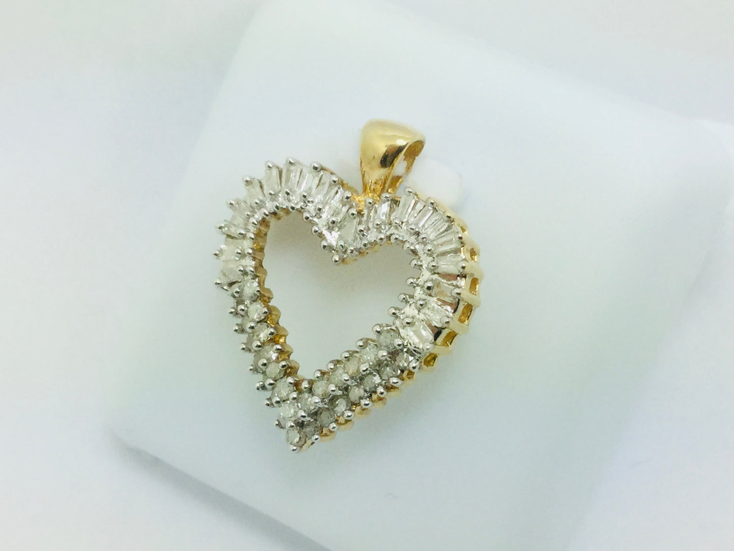 10k Yellow Gold Baguette and Round Cut 70pt Diamond Heart Pendent