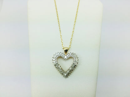 10k Yellow Gold Baguette and Round Cut 70pt Diamond Heart Pendent