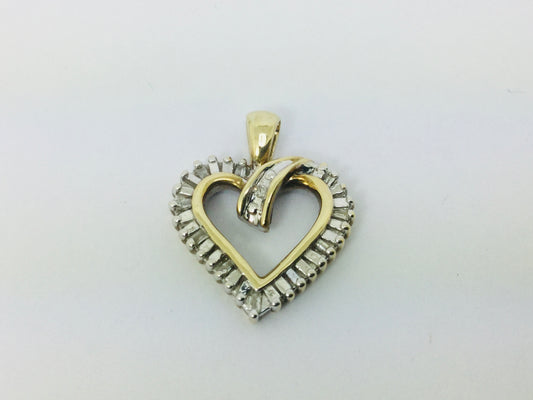 10k Yellow Gold Baguette and Round Cut 30pt Diamond Heart Pendent