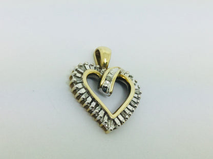 10k Yellow Gold Baguette and Round Cut 30pt Diamond Heart Pendent