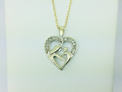 10k Yellow Gold Round Cut 17pt Diamond Mother and Child Heart Pendent