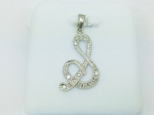 10k White Gold Round Cut 16pt Diamond Initial 'S' Pendent