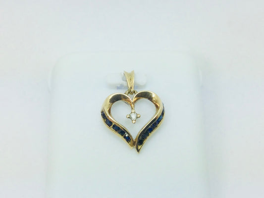 10k Yellow Gold Round Cut 12pt Sapphire & 2pt Diamond Heart Pendent