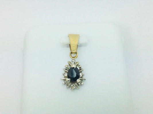 14k Yellow Gold Pear Cut 30pt Sapphire & 12pt Diamond Pendent