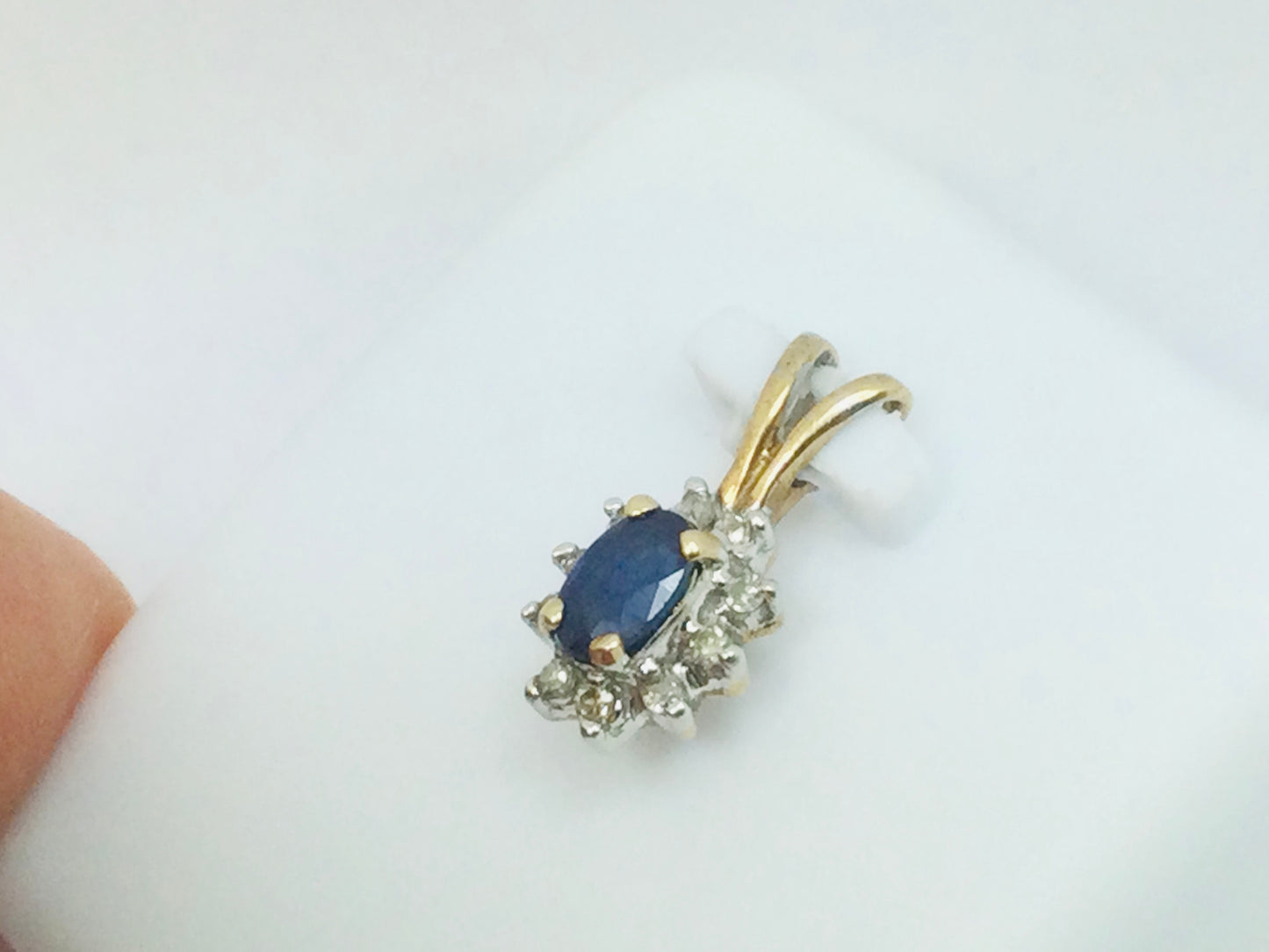 10k Yellow Gold Oval Cut 25pt Sapphire & 10pt Diamond Halo Pendent