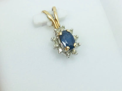 10k Yellow Gold Oval Cut 25pt Sapphire & 10pt Diamond Halo Pendent