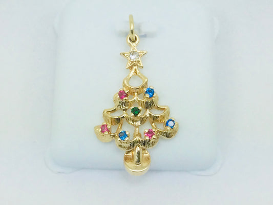 14k Yellow Gold Round Cut Ruby, Sapphire, Emerald & CZ Christmas Tree Pendent