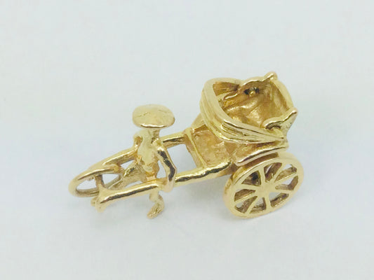 14k Yellow Gold Rickshaw & Driver (with Moving Wheels) Pendent