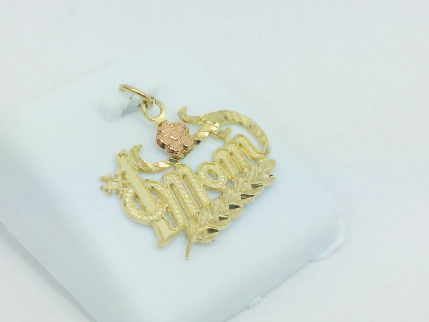 10k Yellow Gold #1 Mom with Rose Gold Flower Pendent