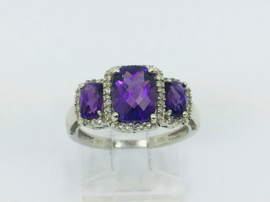 10k White Gold Cushion Cut Amethyst February Birthstone & Diamond Halo Ring