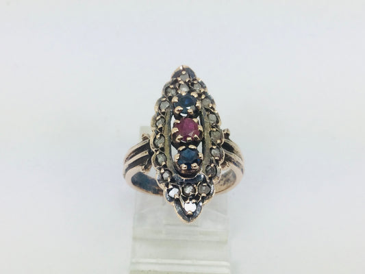 10k Yellow Gold Round Cut 11pt Ruby, 22pt Sapphire and 36pt Diamond Vintage Ring