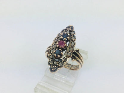 10k Yellow Gold Round Cut 11pt Ruby, 22pt Sapphire and 36pt Diamond Vintage Ring