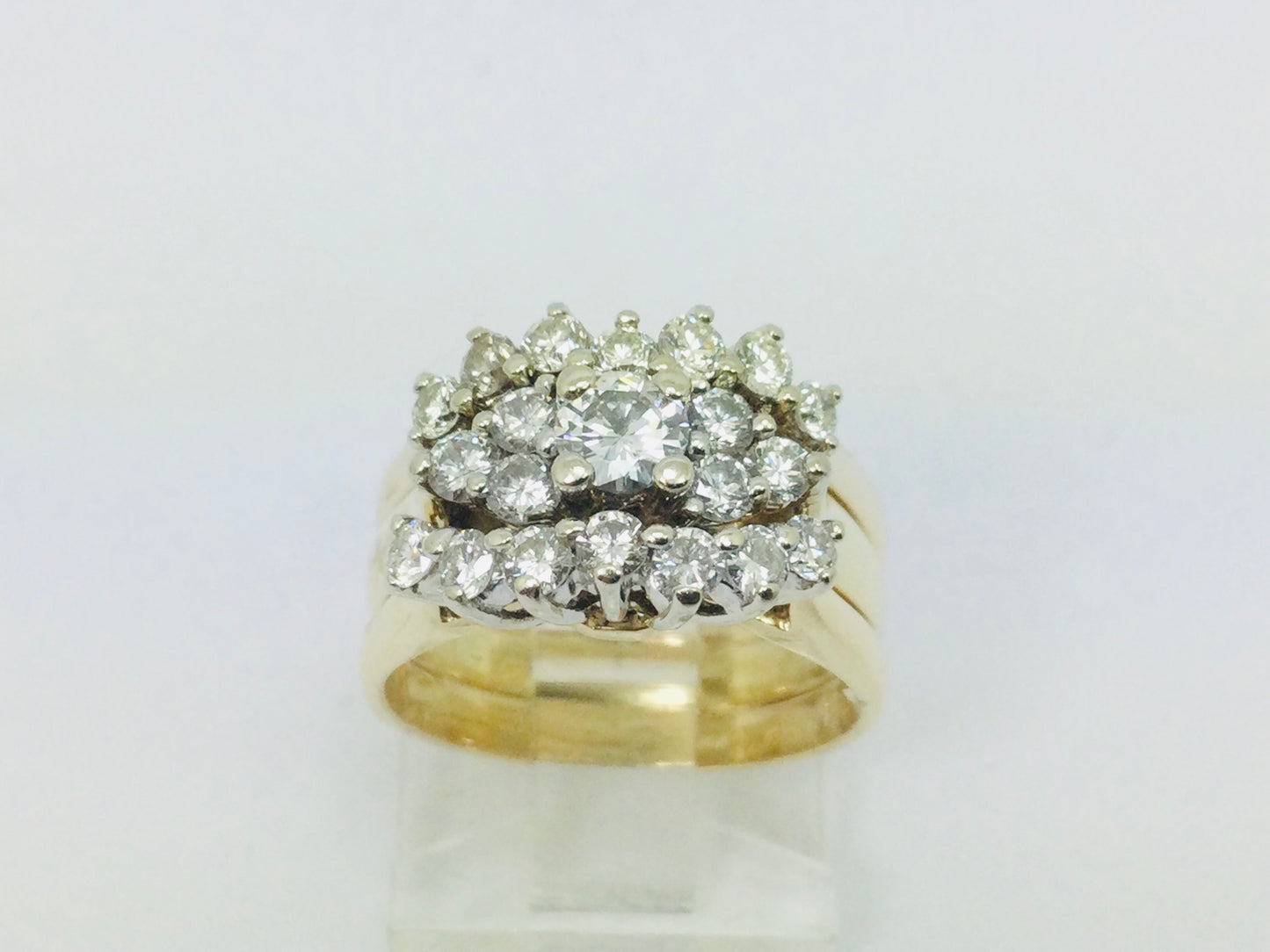 14k Yellow Gold Round Cut 1.11ct Diamond Cluster Engagement and Wedding Ring Set