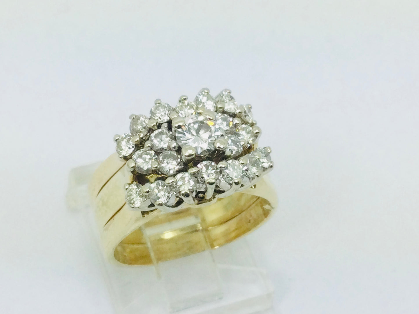 14k Yellow Gold Round Cut 1.11ct Diamond Cluster Engagement and Wedding Ring Set