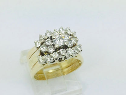 14k Yellow Gold Round Cut 1.11ct Diamond Cluster Engagement and Wedding Ring Set