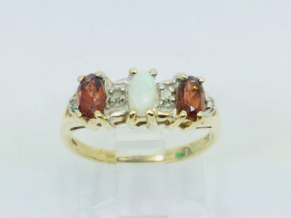 10k Gold Garnet, Green Opal & Diamond January Birthstone Cocktail / Dinner Ring