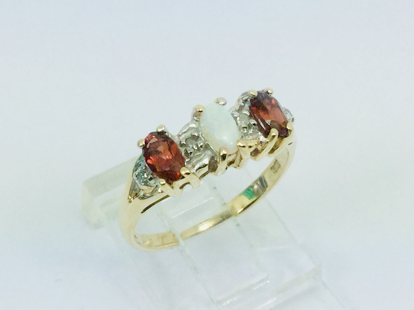 10k Gold Garnet, Green Opal & Diamond January Birthstone Cocktail / Dinner Ring