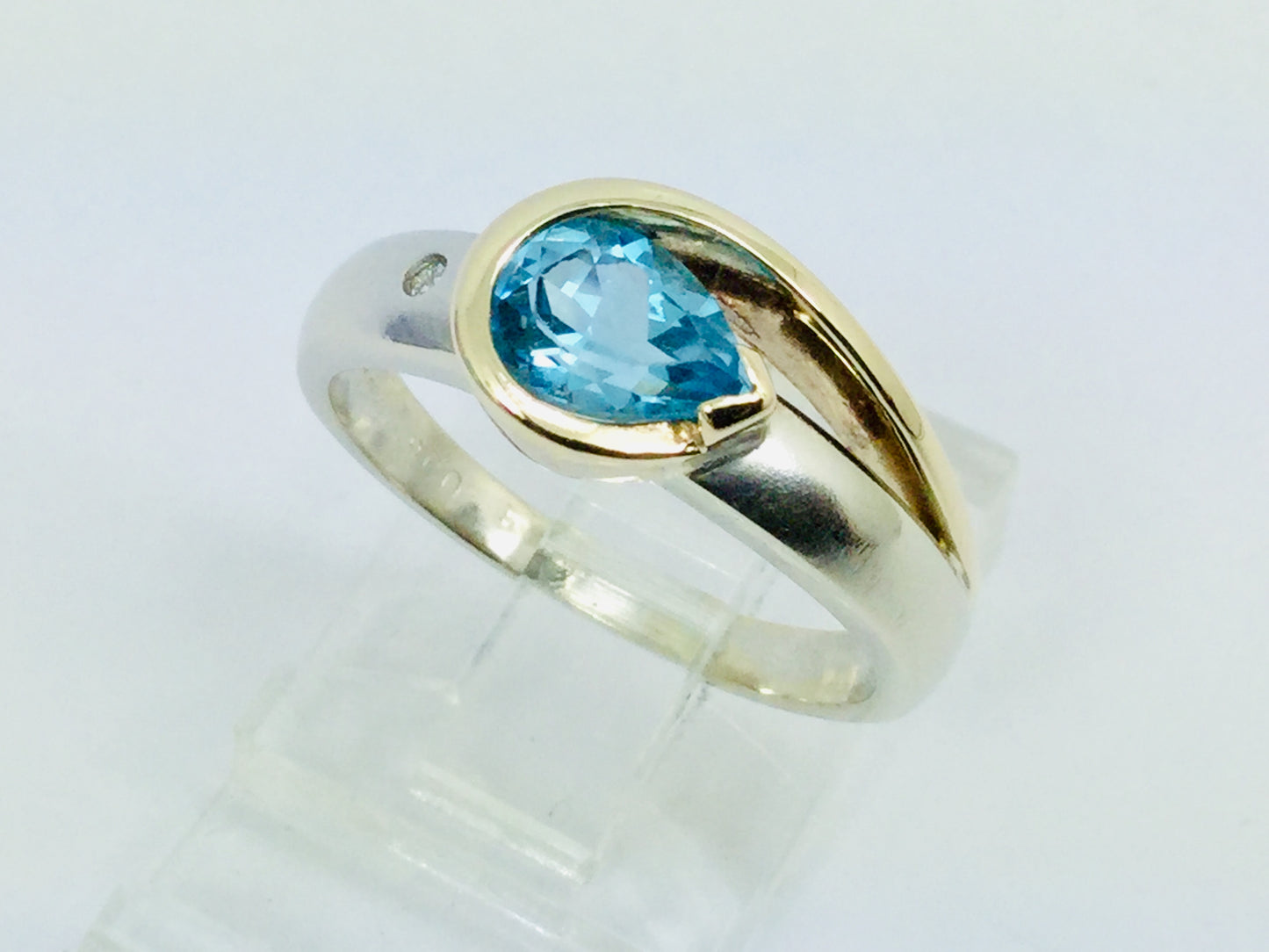 10k White and Yellow Gold Pear Cut Blue Topaz December Birthstone & Diamond Ring