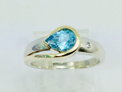 10k White and Yellow Gold Pear Cut Blue Topaz December Birthstone & Diamond Ring