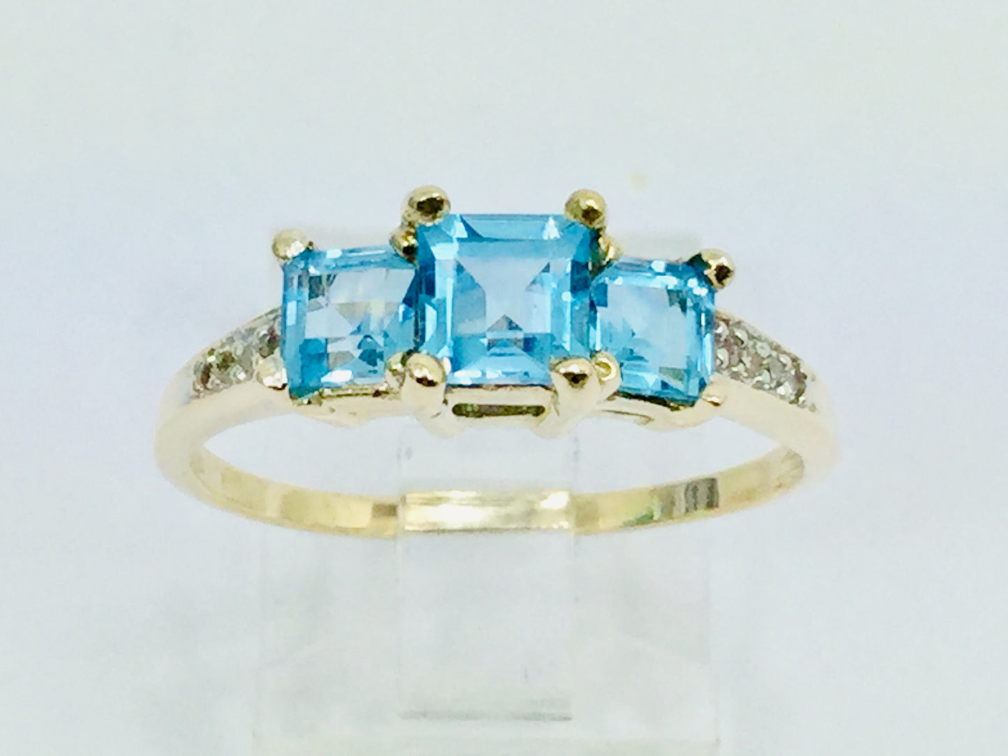 10k Yellow Gold Princess Cut Blue Topaz December Birthstone & Diamond Ring