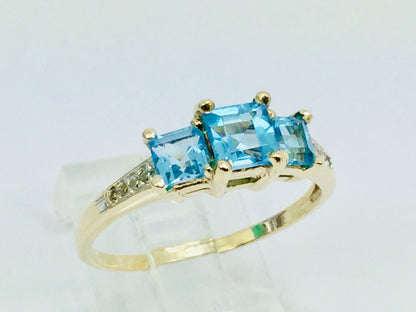 10k Yellow Gold Princess Cut Blue Topaz December Birthstone & Diamond Ring