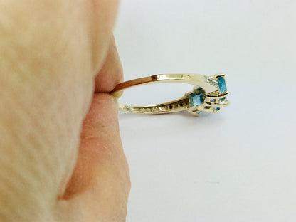 10k Yellow Gold Princess Cut Blue Topaz December Birthstone & Diamond Ring