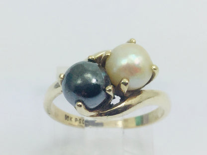 10k Yellow Gold Genuine White & Tahitian Black Pearl June Birthstone Ring