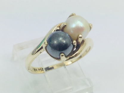 10k Yellow Gold Genuine White & Tahitian Black Pearl June Birthstone Ring