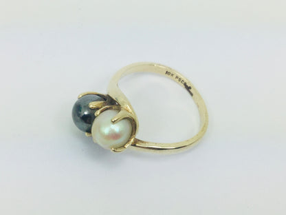 10k Yellow Gold Genuine White & Tahitian Black Pearl June Birthstone Ring