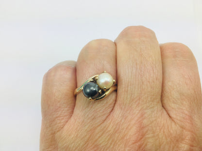 10k Yellow Gold Genuine White & Tahitian Black Pearl June Birthstone Ring