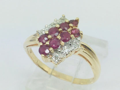 10k Yellow Gold Round Cut 40pt Ruby July Birthstone & 3pt Diamond Row Set Cluster Ring