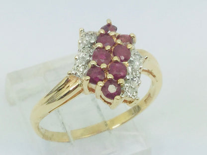 10k Yellow Gold Round Cut 40pt Ruby July Birthstone & 3pt Diamond Row Set Cluster Ring