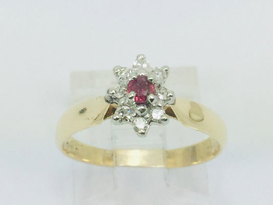 14k Yellow Gold Round Cut 12pt Genuine Ruby July Birthstone & 12pt Diamond Halo Ring