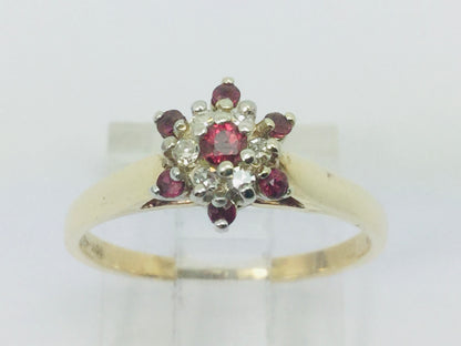 10k Yellow & White Gold Round Cut 20pt Genuine Ruby July Birthstone & 6pt Diamond Halo Ring