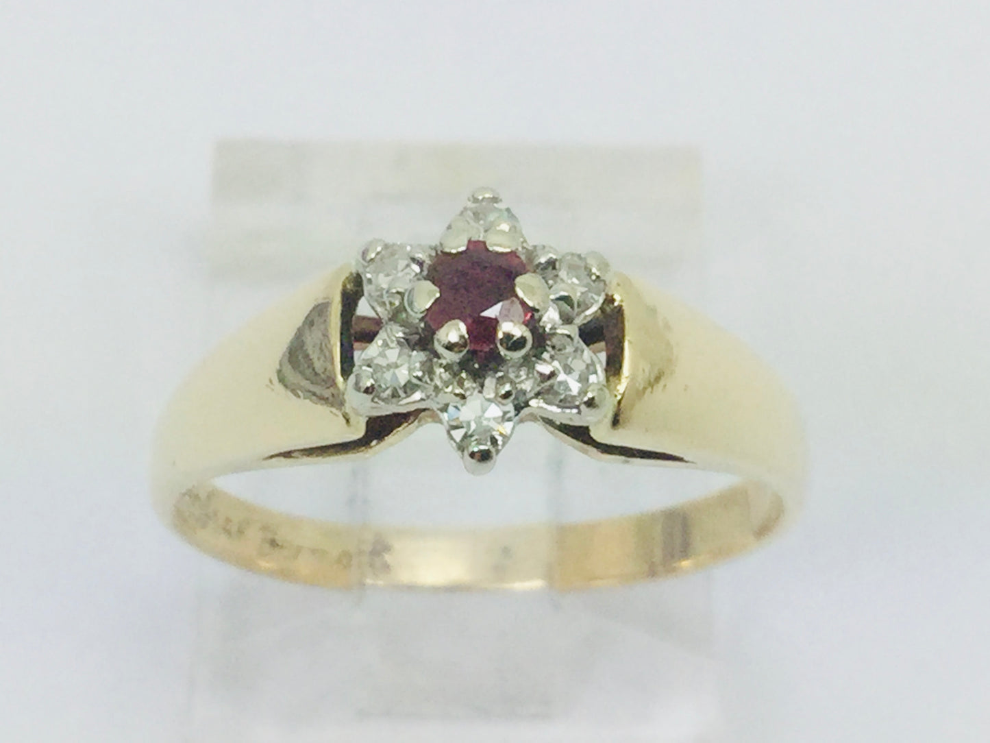 10-14k Yellow/White Gold Round Cut 9pt Genuine Ruby July Birthstone & 9pt Diamond Halo Ring