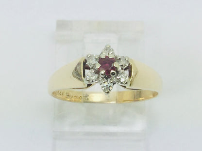 10-14k Yellow/White Gold Round Cut 9pt Genuine Ruby July Birthstone & 9pt Diamond Halo Ring