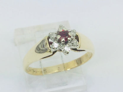 10-14k Yellow/White Gold Round Cut 9pt Genuine Ruby July Birthstone & 9pt Diamond Halo Ring