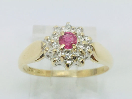 10k Yellow Gold Round Cut 16pt Genuine Ruby July Birthstone & 10pt Diamond Halo Ring