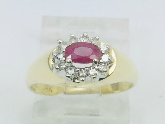 14k Yellow Gold Oval Cut 25pt Genuine Ruby July Birthstone & 12pt Diamond Halo Ring