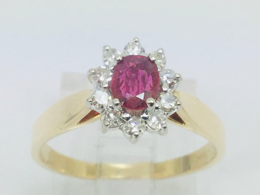 14k Yellow Gold Oval Cut 40pt Genuine Ruby July Birthstone & 25pt Diamond Halo Ring