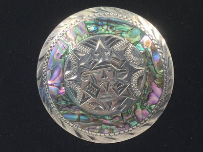 Silver Vintage Pin With Abalone Shell Aztec Warrior