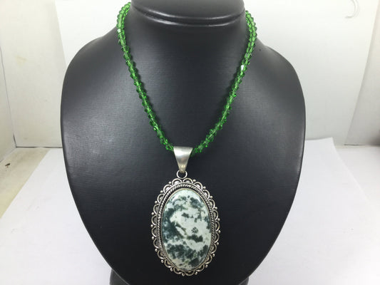 Silver Genuine Gemstone Moss Agate On A Beaded Necklace