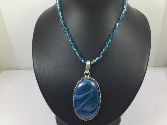 Adjustable Silver Genuine Gemstone Blue Agate On Beaded Necklace