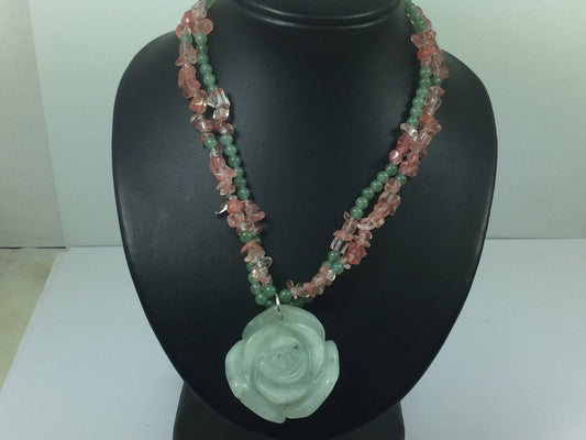 Adjustable Silver Jade (Dream Stone )And Rose Quartz  (Stone Of Gentle Love )Necklace Double Strand